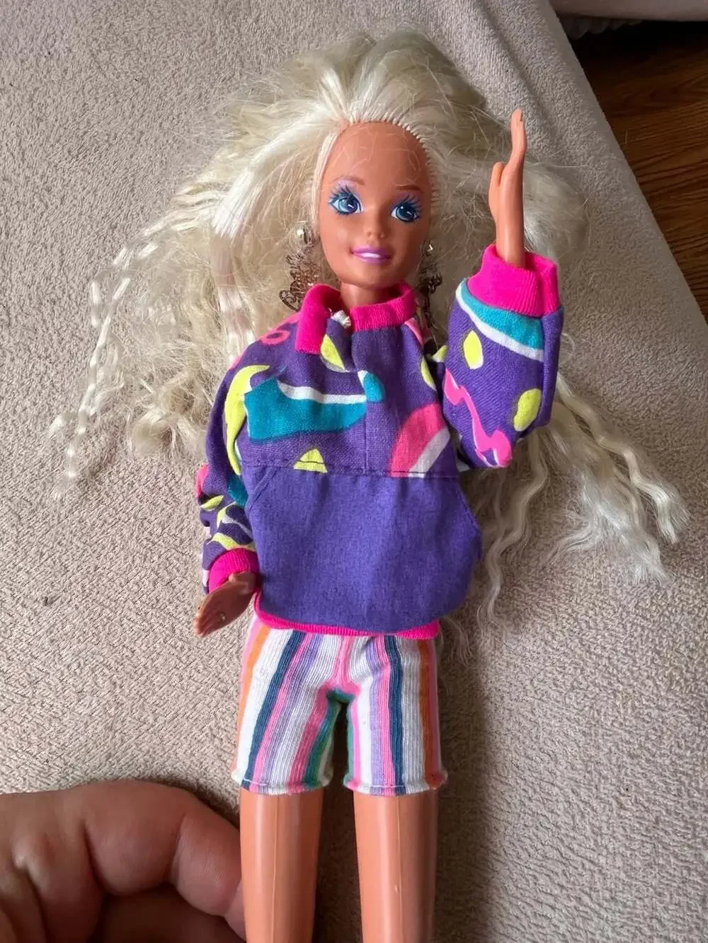 Vintage 1990s Barbie Doll in Neon Print Pullover and Striped Shorts